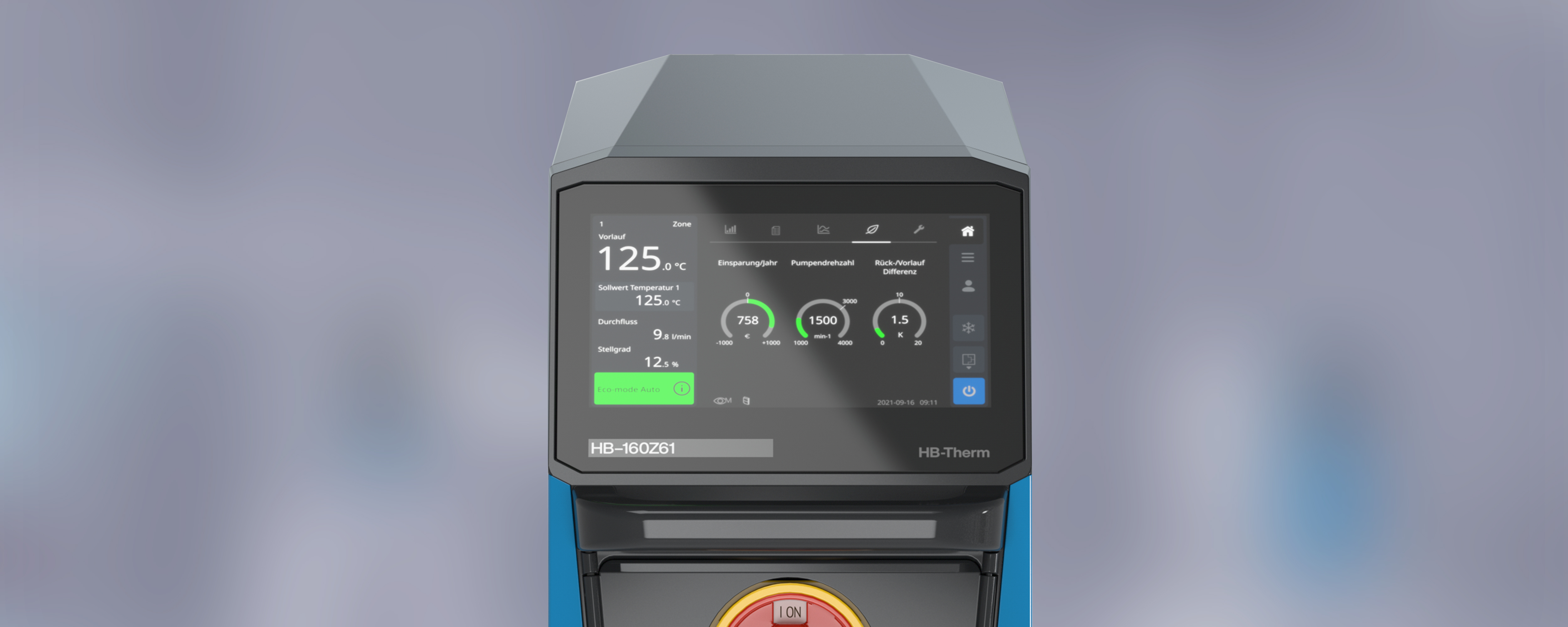 HB-Therm temperature controller display showing 125°C hot-process hold temperature
